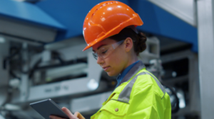A women working in a factory at an energy company using an ipad. Energy Companies of one of the many companies facing UK business cyber threats.